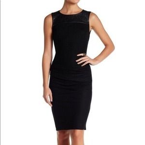 Halston Heritage Sheath Dress Leather Cutout Wool